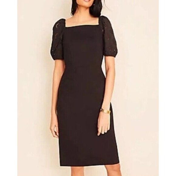 Ann Taylor Dress 14 Black Eyelet Short Sleeve Ponte Career Church NWT Washable - Picture 1 of 12